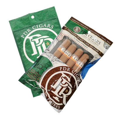 Feuilles à cigares naturelles refermables en feuille d'aluminium refermable personnalisées avec fermeture à glissière à trois côtés et emballage en plastique hydratant avec fenêtre transparente