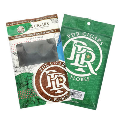 Feuilles à cigares naturelles refermables en feuille d'aluminium refermable personnalisées avec fermeture à glissière à trois côtés et emballage en plastique hydratant avec fenêtre transparente