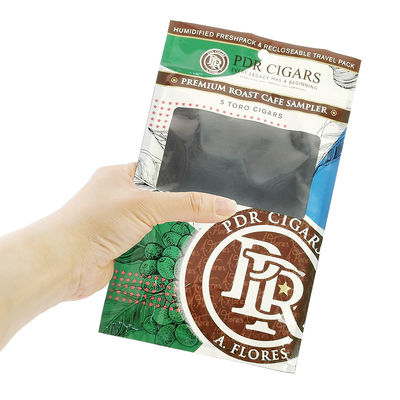 Feuilles à cigares naturelles refermables en feuille d'aluminium refermable personnalisées avec fermeture à glissière à trois côtés et emballage en plastique hydratant avec fenêtre transparente