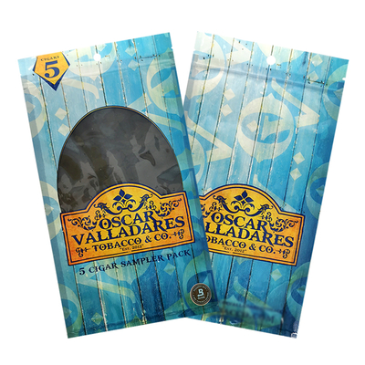 Impression à la gravure sur mesure Sacs de cigares humidifiés Ziplock Sacs de cigares humides 5 cigares Package simple avec fenêtre transparente Package en plastique