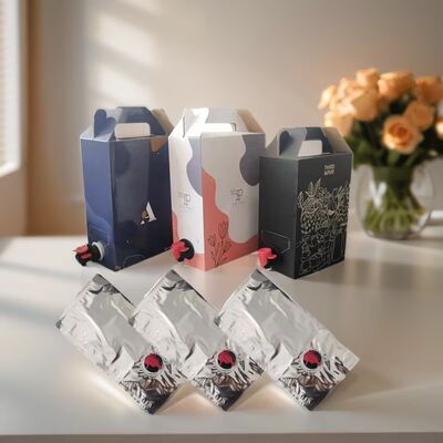 Sacs BIB personnalisés en boîte avec robinet de distribution, idéaux pour l'emballage de vin, jus, huile et autres produits liquides