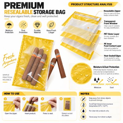 Feuille d'humidité intérieure Sacs à cigares personnalisés Emballage durable personnalisé avec contrôle de l'humidité Sacs à cigares imprimés personnalisés