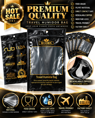Contient 5 à 20 cigares selon la taille. Sac d'emballage pour cigares avec feuille d'humidité à l'intérieur offrant protection et contrôle de l'humidité.